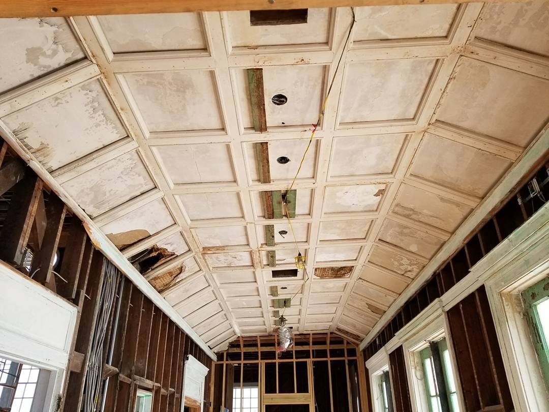 Ceiling restoration work inside Mill Hill Auditorium