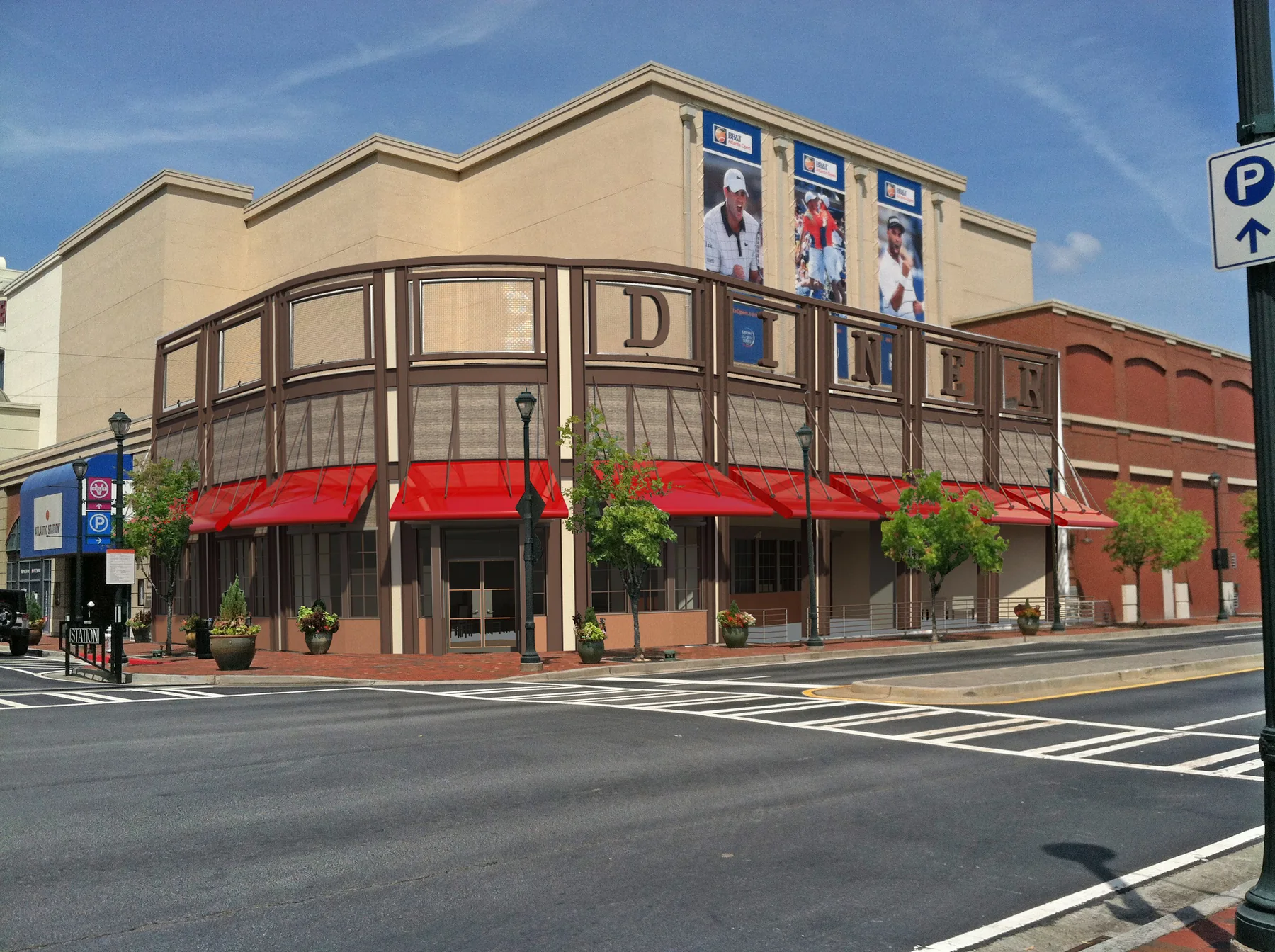 Preliminary rendering of a corner diner storefront