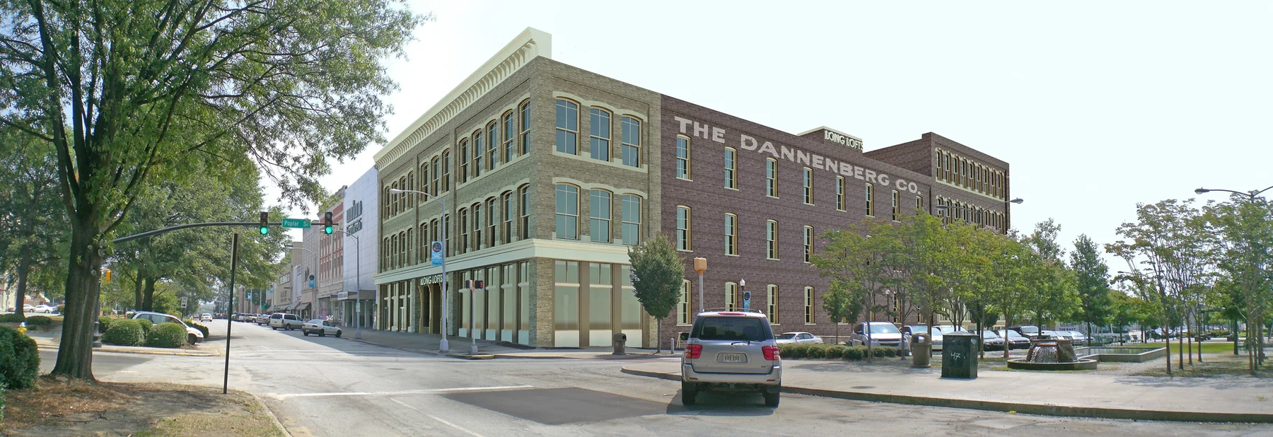 Building model of Dannenberg Lofts in its downtown block
