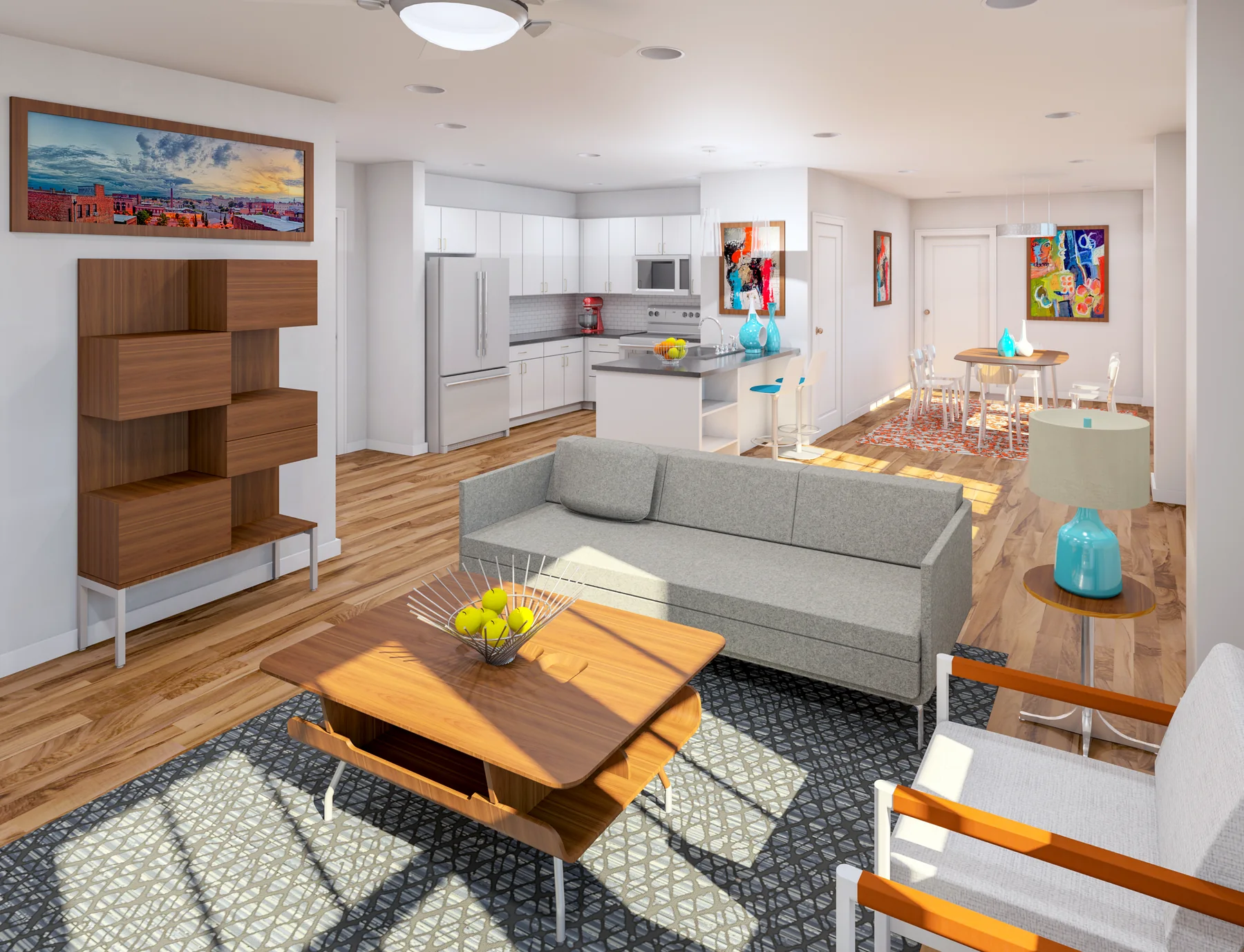 Interior rendering of a loft living room and kitchen