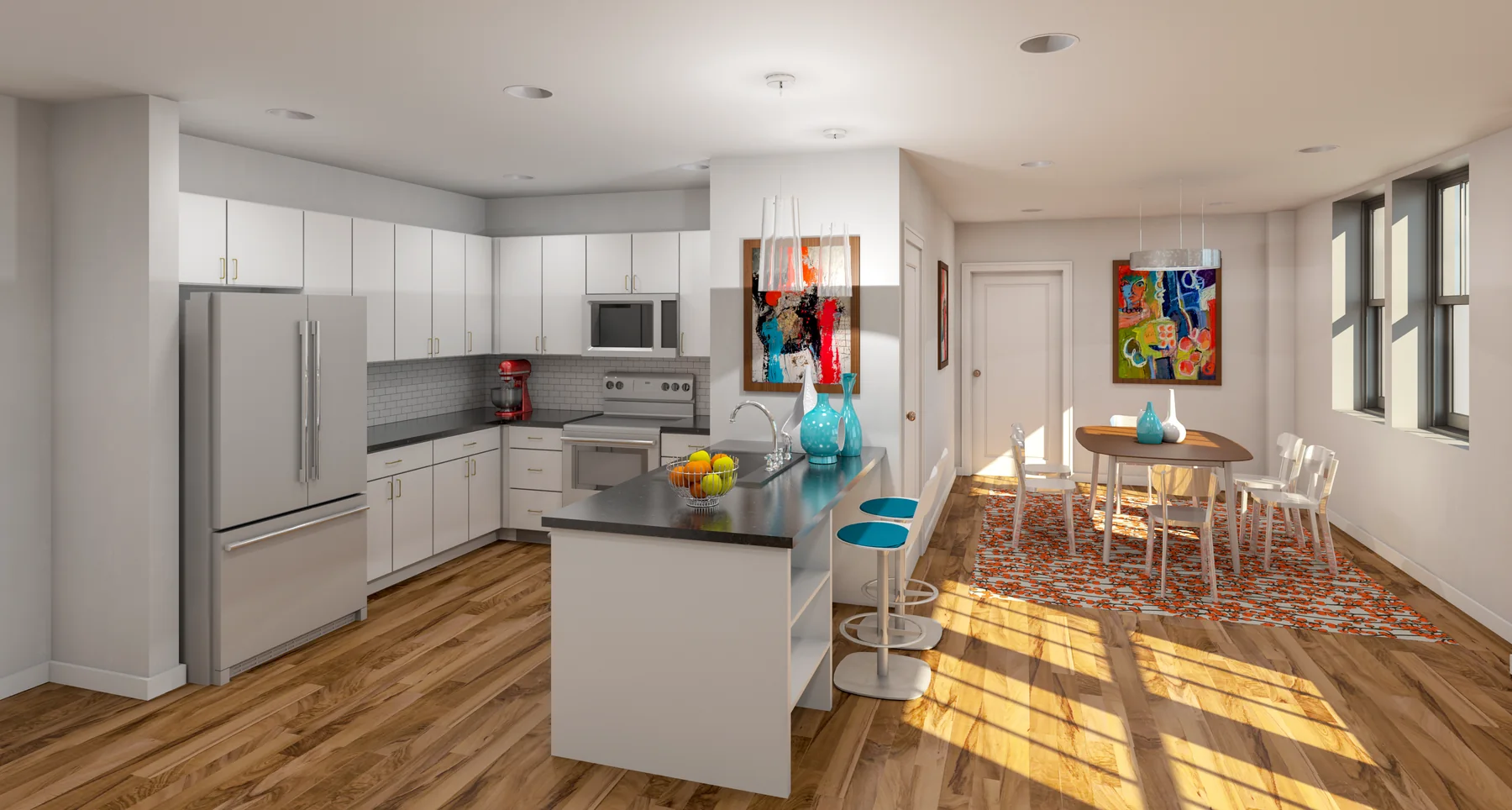 Interior rendering of an open loft kitchen and dining area