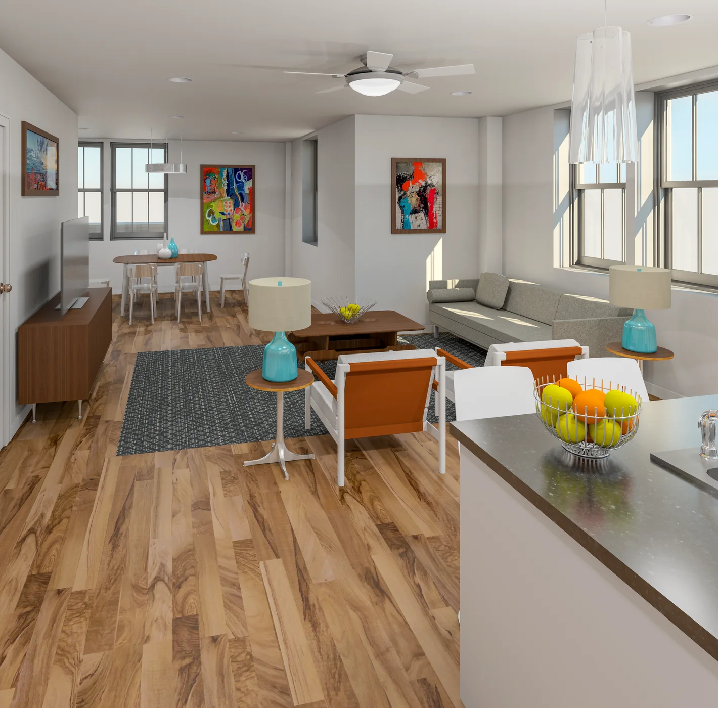 Daylit interior rendering of a loft living and dining space