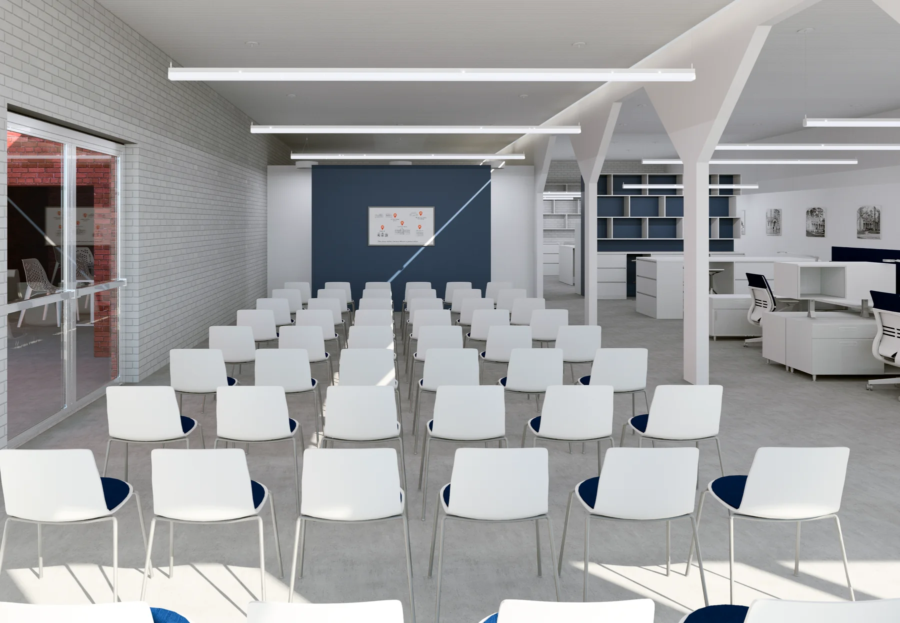 Interior rendering of a flexible gathering room for Historic Macon Foundation