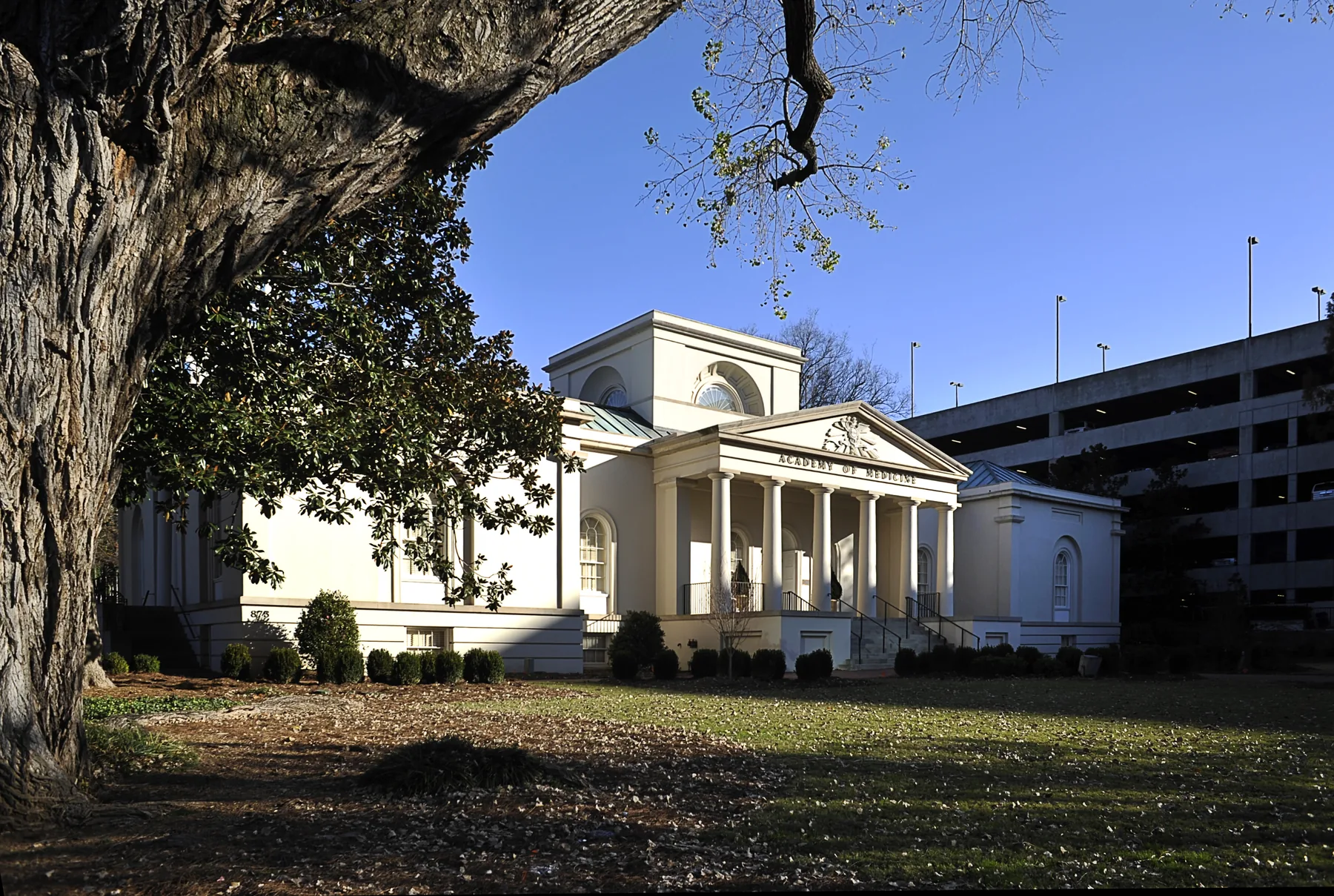Neo-Classical Academy of Medicine framed by mature trees