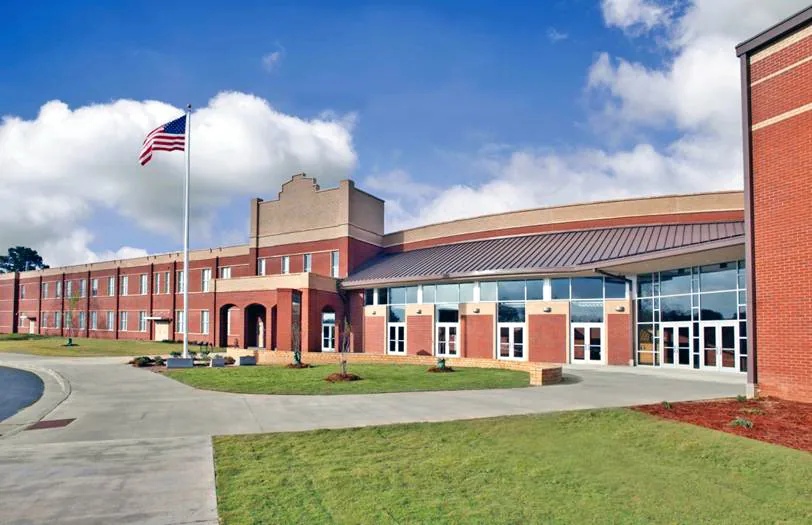 Brick facade and main entrance of Central High School