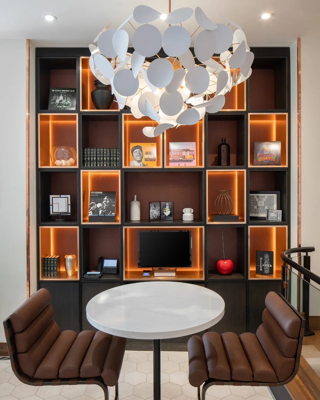 Hotel Forty Five lobby seating and illuminated display wall
