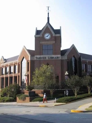 Brick Jack Tarver Library and peaked clock tower at Mercer University