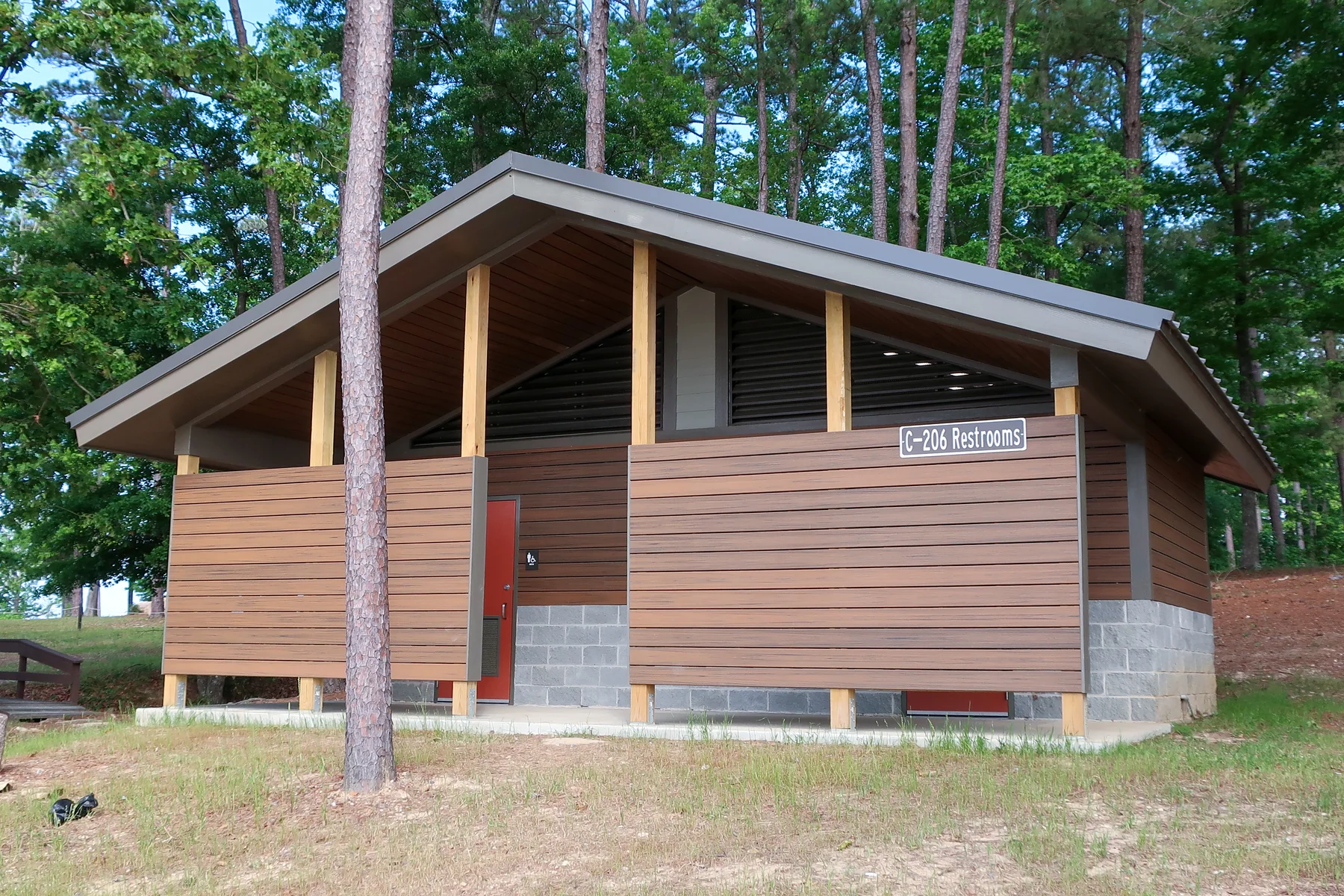 Open-air park restroom and pavilion at Lake Tobesofkee