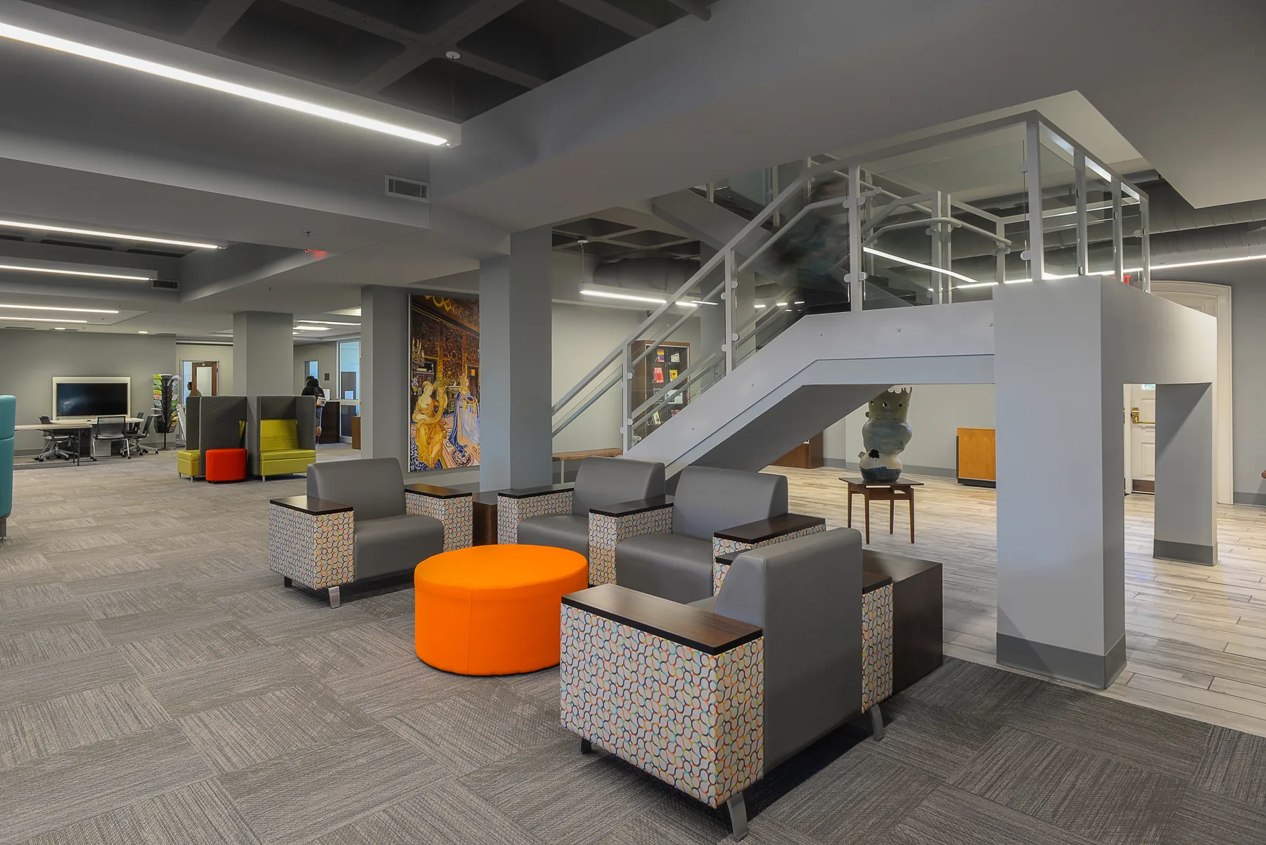 Open study floor and stair inside Willet Memorial Library