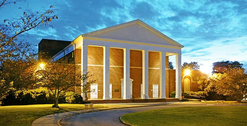 Brick Porter Fine Arts Building and auditorium entrance at Wesleyan College