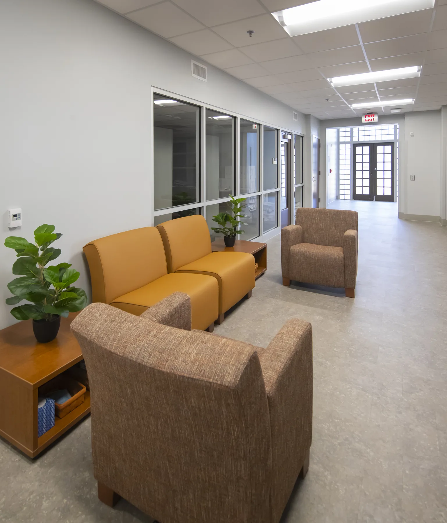 Daylit seating area along a Powell Hall corridor