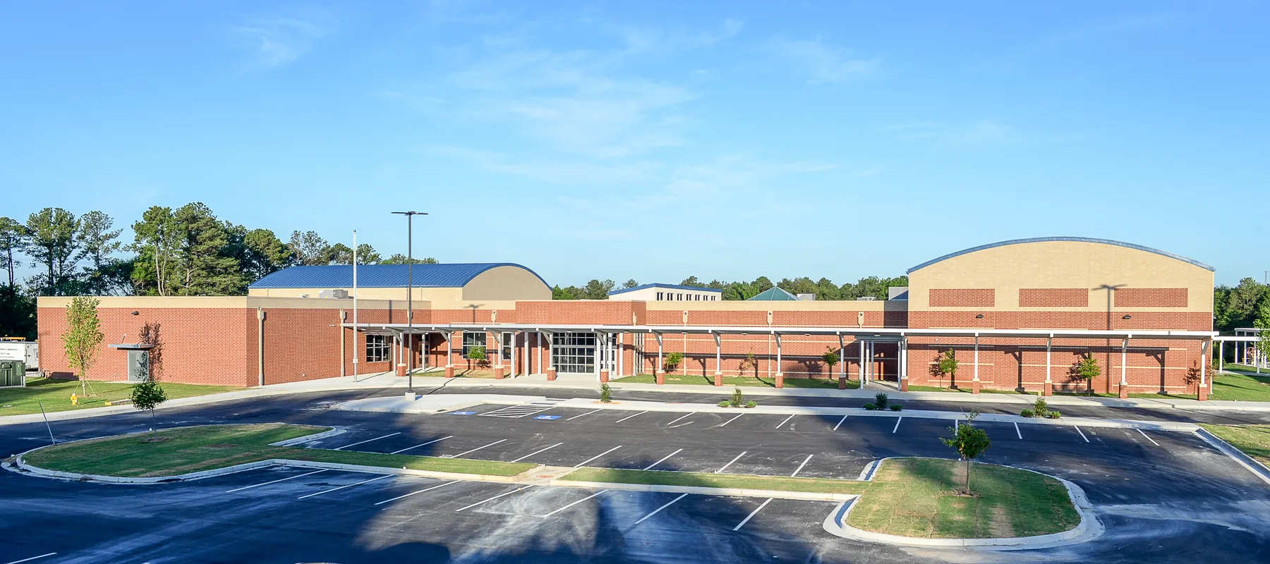 Broad exterior of Veterans Elementary School on its sloping site