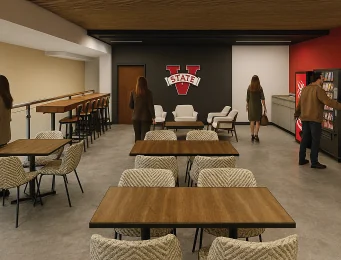 Rendering of a student collaboration café space in the Fine Arts Building