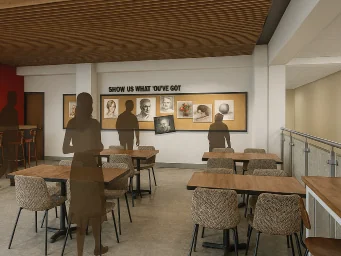 Rendering of study tables overlooking the gallery mezzanine